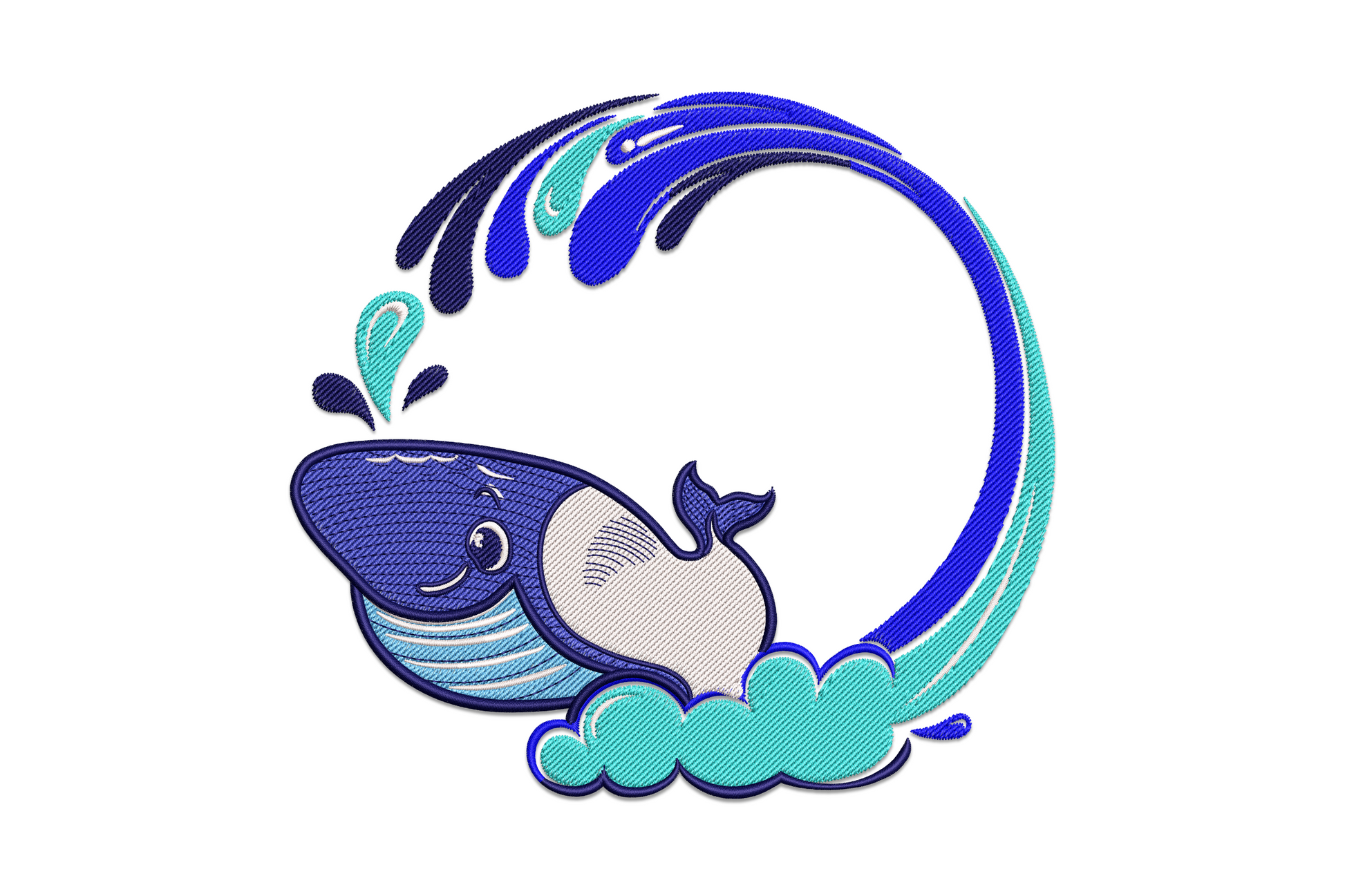 Cute cartoon whale splash machine embroidery design, six colours with sky blue whale breaching through water droplets, kids ocean embroidery