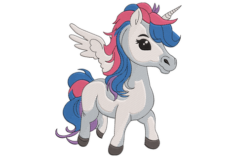 Cute winged unicorn embroidery with grey body, pink and blue mane, gold spiral horn, and small feathered wings.