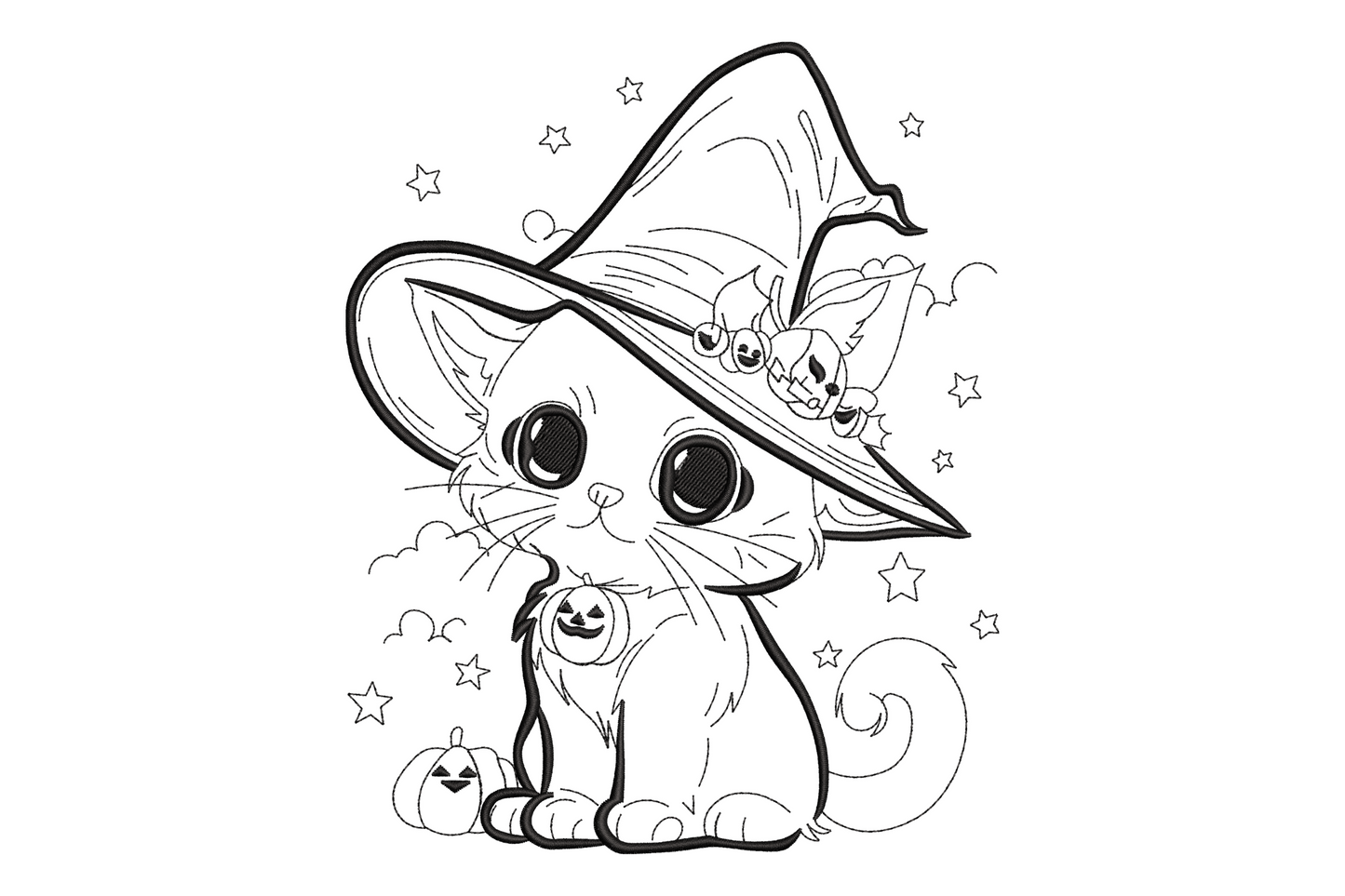 Cute round black cat wearing a tilted witch hat, single colour halloween machine embroidery design, shown on white fabric, 5 sizes from 3.5 to 7.5 inches wide