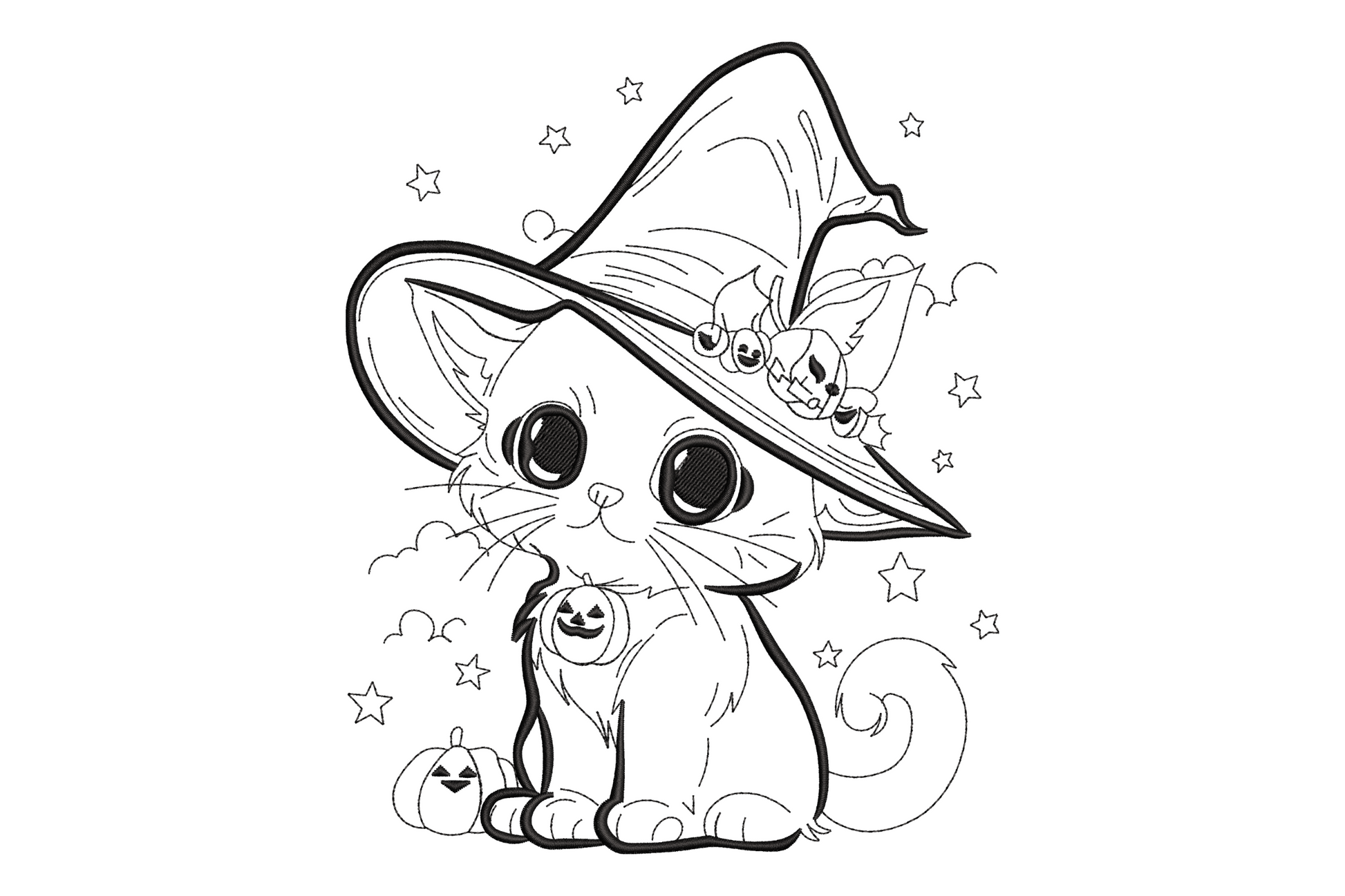 Cute round black cat wearing a tilted witch hat, single colour halloween machine embroidery design, shown on white fabric, 5 sizes from 3.5 to 7.5 inches wide