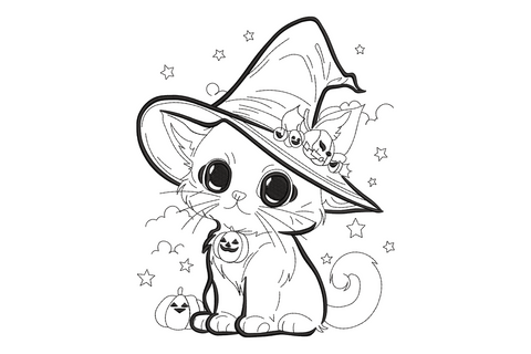 Cute round black cat wearing a tilted witch hat, single colour halloween machine embroidery design, shown on white fabric, 5 sizes from 3.5 to 7.5 inches wide
