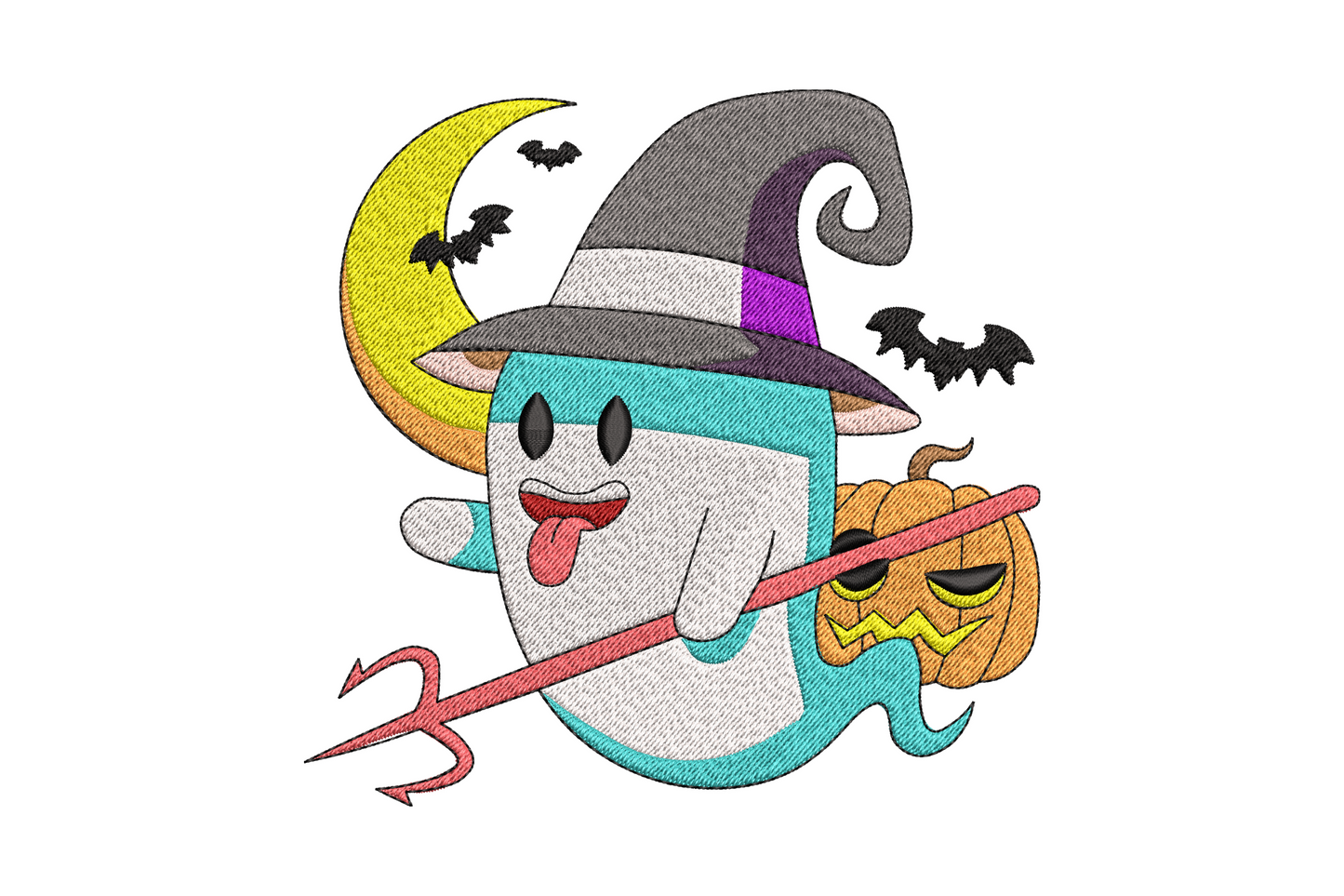 Cute witch ghost halloween embroidery design, aqua cartoon ghost with grey witch hat, red trident, orange pumpkin and yellow crescent moon