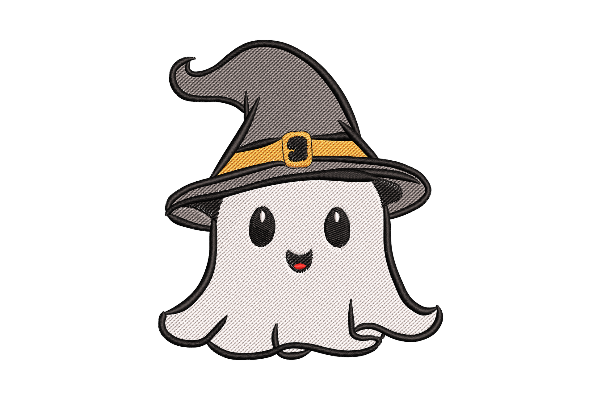 Machine embroidery design of a cute round ghost wearing a grey witch hat with orange band, stitched in five colours on dark fabric.
