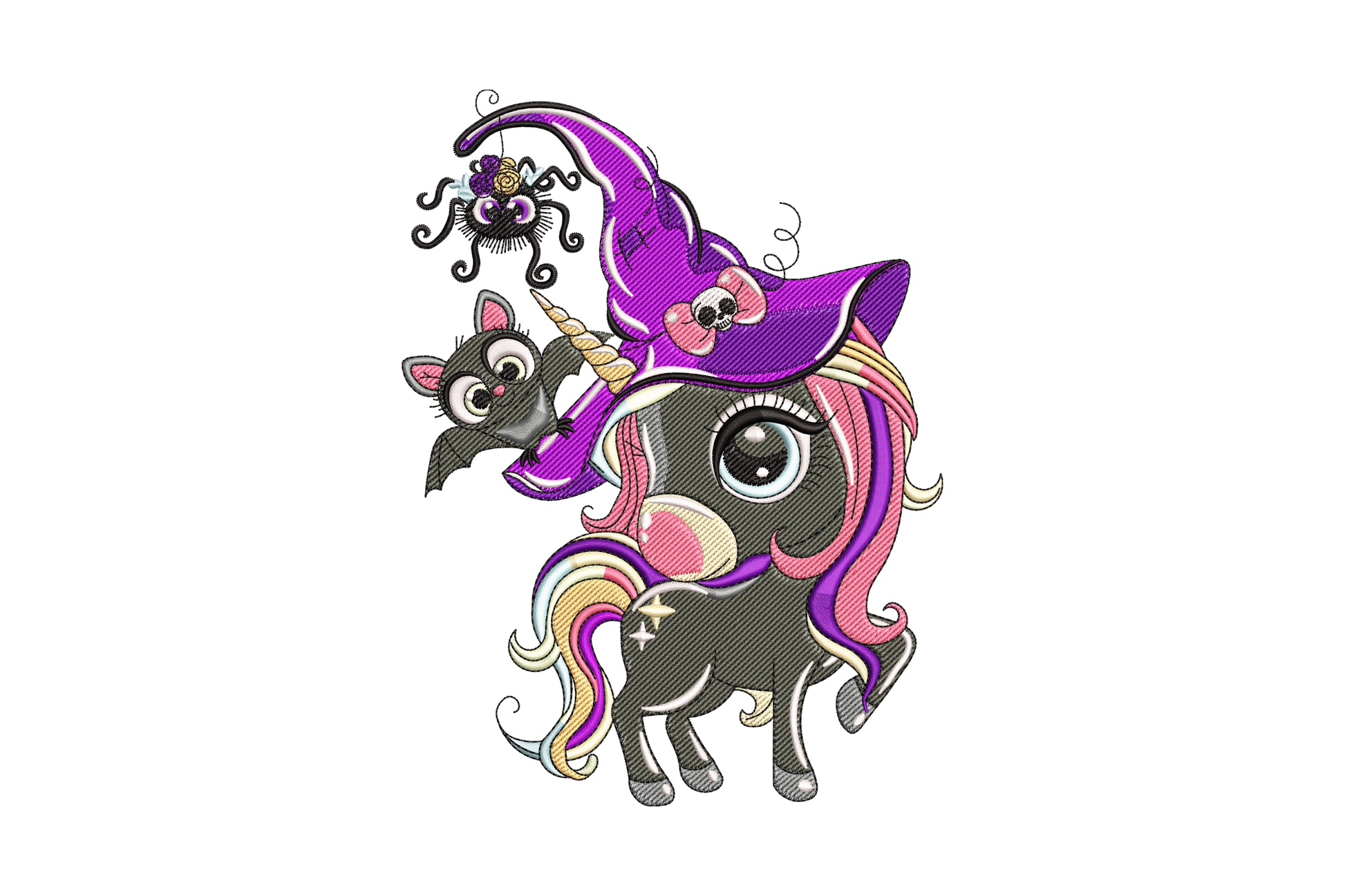 Chibi witch unicorn embroidery with purple hat, flowing pink mane, bat companion and spider on web, 11 colours on dark fabric.