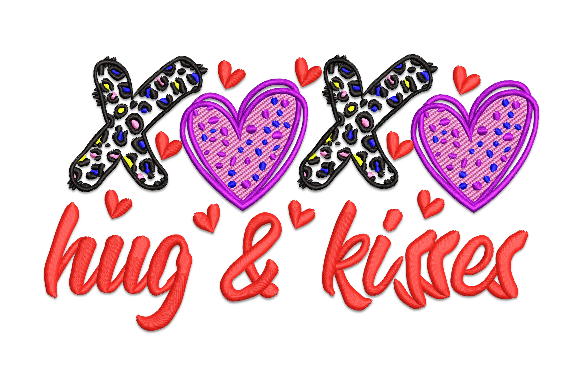 Valentine embroidery design with XOXO in leopard-print block letters, purple hearts, and red hug and kisses script below