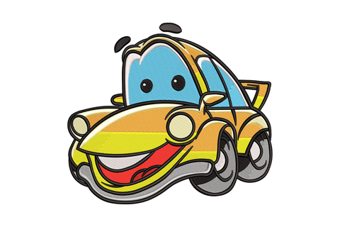 Yellow cartoon car with wide red open-mouth grin, orange body panels, blue windshield and antenna dots, kids embroidery design
