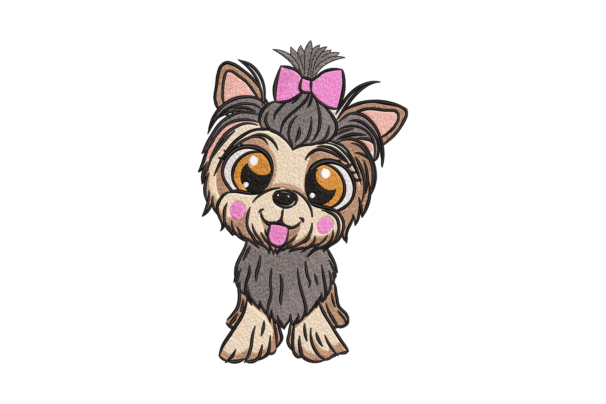 Cute yorkie puppy embroidery design with big brown eyes, pink top-knot bow, shaggy charcoal and tan fur, pink tongue
