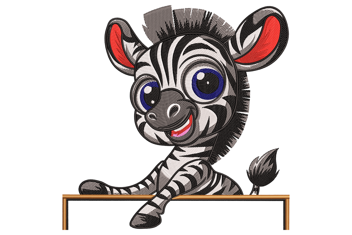 Cute cartoon zebra embroidery design with chunky black stripes, pink blush cheeks, soft mane and big friendly eyes for nursery and kids apparel.