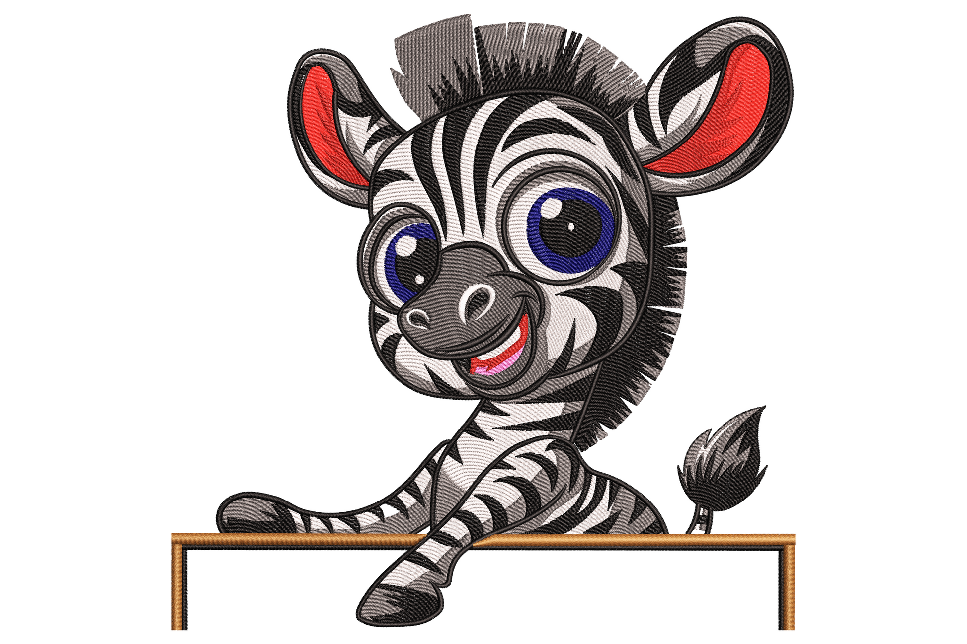 Cute cartoon zebra embroidery design with chunky black stripes, pink blush cheeks, soft mane and big friendly eyes for nursery and kids apparel.