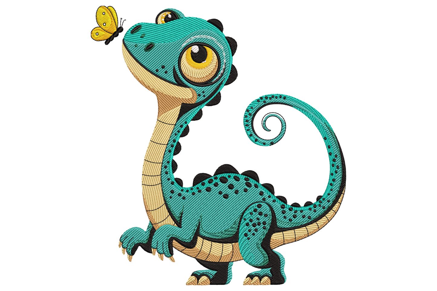 Cute baby dinosaur embroidery design, teal cartoon dino looking up at yellow butterfly on its nose, 9 colours including teal green and canary.