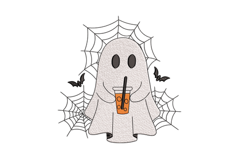 Cute ghost holding bubble tea halloween embroidery with round blobby body, tapioca pearls and straw in white, grey and brown.