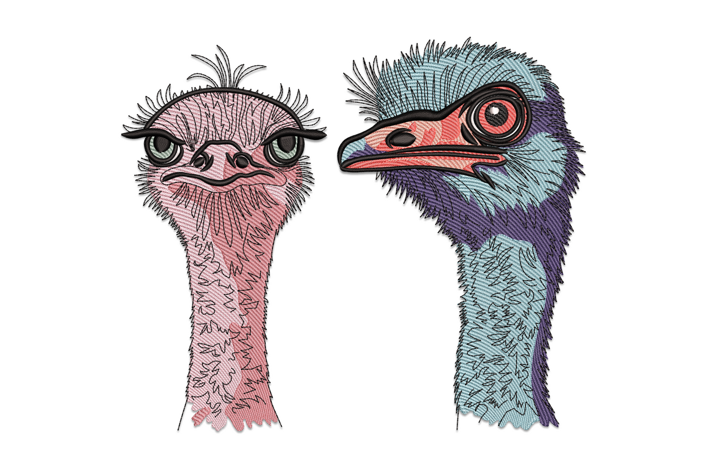 Realistic ostrich pair embroidery, dusty pink female left and blue-grey male with coral beak right, detailed feather texture.