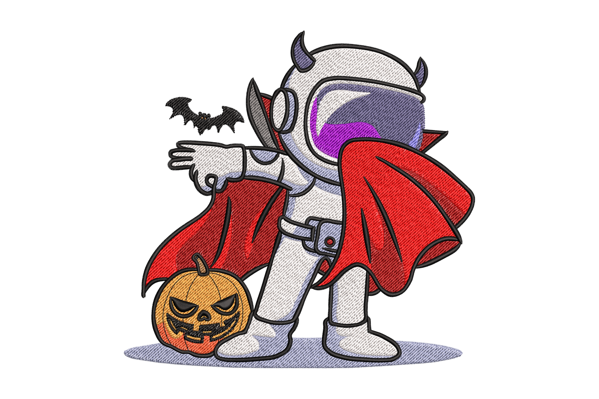 Halloween astronaut embroidery design in space suit doing dab pose with red vampire cape, devil horns, jack-o-lantern and bat