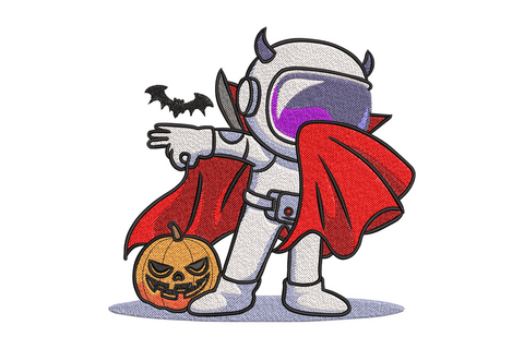 Halloween astronaut embroidery design in space suit doing dab pose with red vampire cape, devil horns, jack-o-lantern and bat