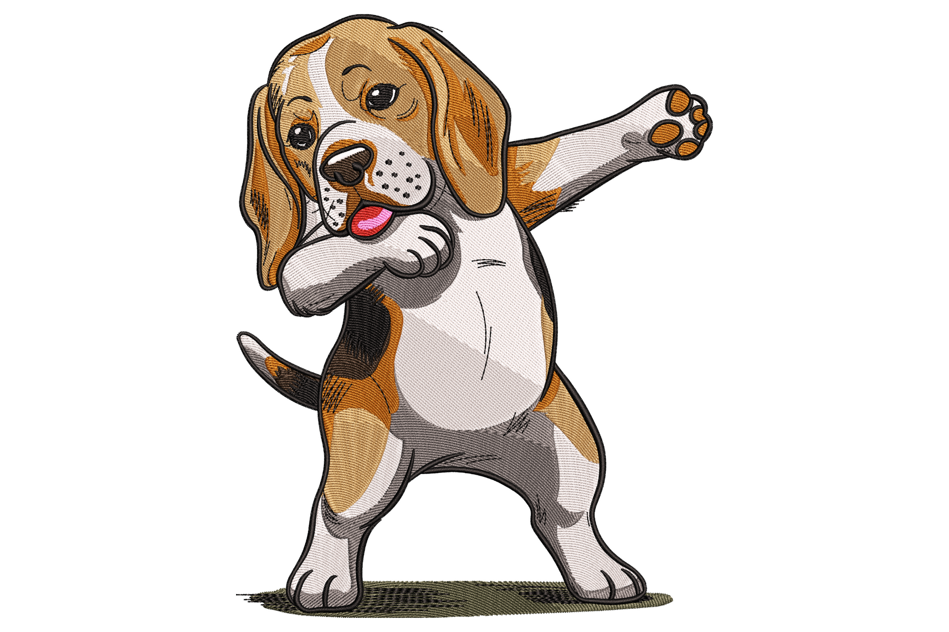 Cartoon beagle puppy embroidery in dab pose, brown and white with pink tongue and tan ears against a small green grass patch