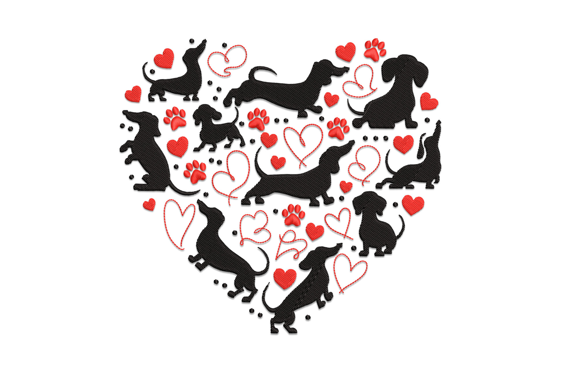 Embroidery design of a dachshund dog with a red heart accent, dense fill stitching in tan and red on white background