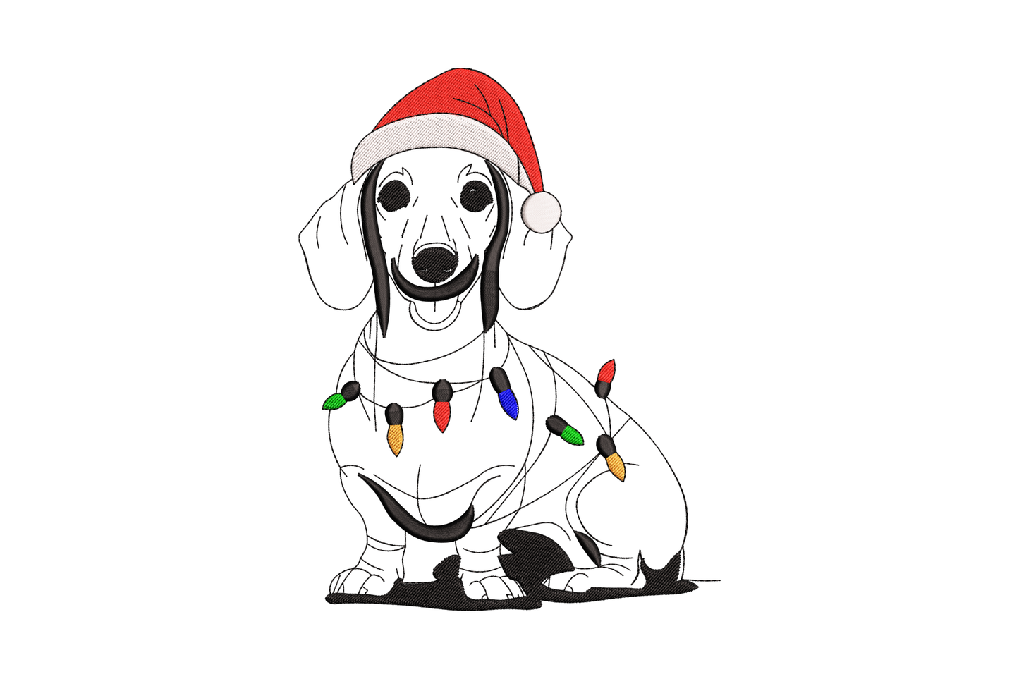 Dachshund dog embroidery design fully wrapped in cool blue and purple christmas lights from nose to tail, chestnut brown coat on kraft canvas.