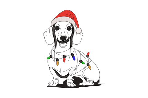 Dachshund dog embroidery design fully wrapped in cool blue and purple christmas lights from nose to tail, chestnut brown coat on kraft canvas.