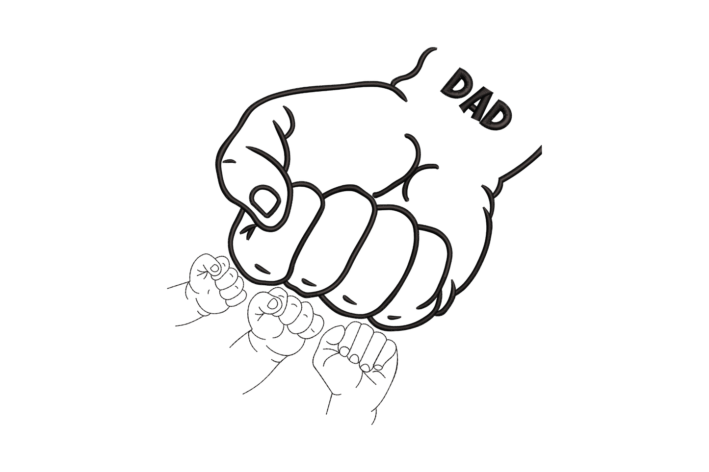 Dad fist bump machine embroidery design showing a large adult fist bumping three small child fists in a line with the word DAD in bold lettering, all in single-color line art style