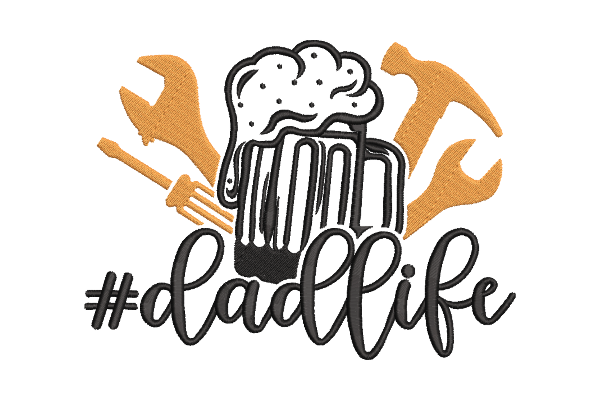 Dadlife embroidery design with beer mug and crossed tools in orange and black, hashtag dadlife cursive script, Father's Day pattern