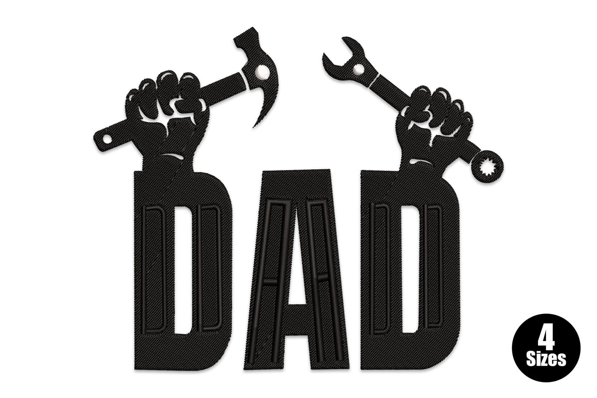 Dad tools embroidery with two raised fists holding hammer and wrench above bold black block DAD letters with white inner line detail.