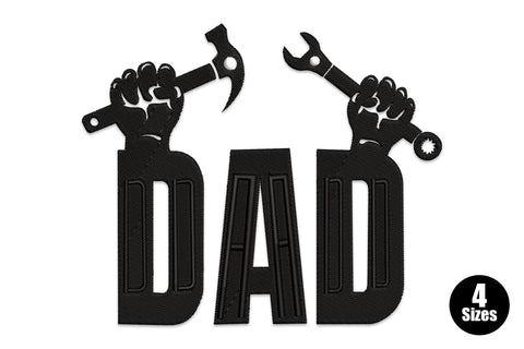 Dad tools embroidery with two raised fists holding hammer and wrench above bold black block DAD letters with white inner line detail.