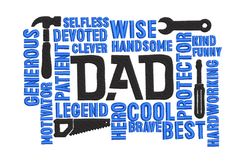 Dad word art embroidery design, blue and black word cloud with DAD bold centre and tool icons including hammer, wrench and screwdriver