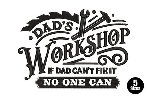 Dad's Workshop embroidery, vintage sign lettering, saw blade arc, crossed wrench and hammer, black ribbon banner.