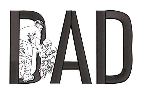 Dad and child embroidery design with a father teaching child to ride a bicycle silhouette inside the letter D of DAD