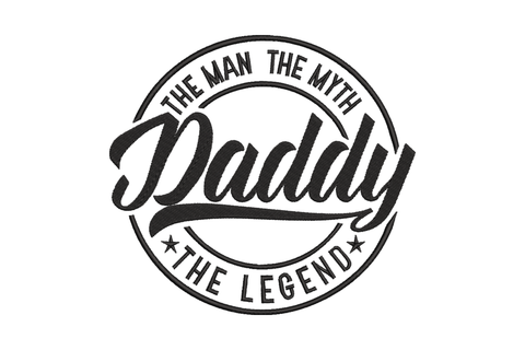 Daddy the man the myth the legend embroidery design, round badge stamp style in black thread with bold script lettering and star accents