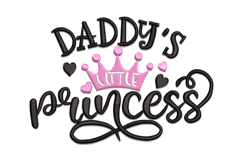 Daddy's little princess embroidery design with chunky black arced lettering, a pink satin crown with LITTLE inside, and flowing princess cursive script with small heart accents.