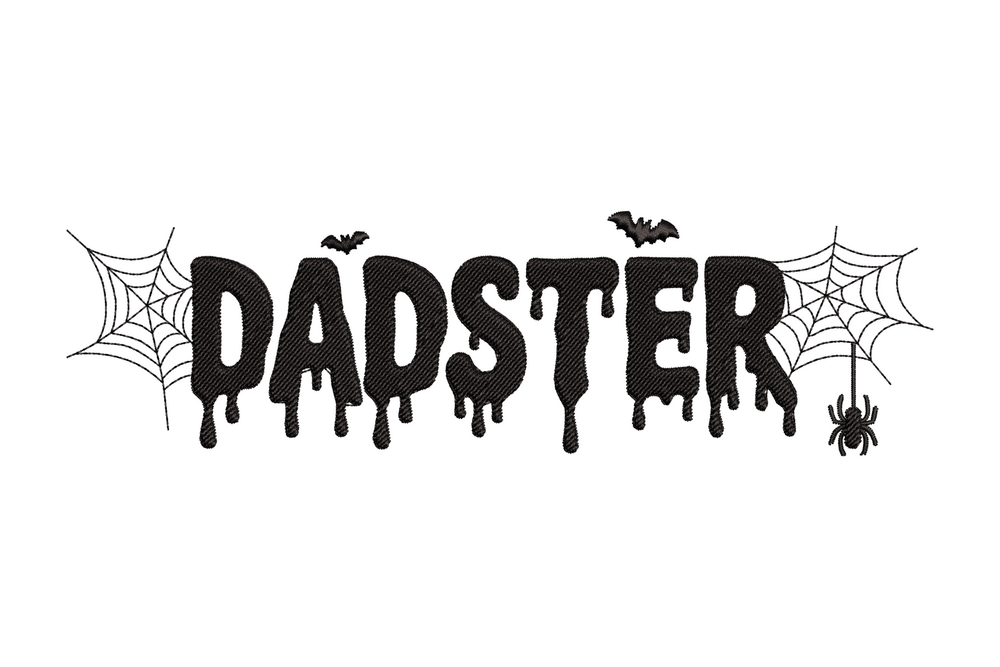 Dadster Halloween embroidery design, single bold display text word Dadster in one colour, extremely flat at 3.5 by 0.99 inches, clean satin fill, humorous novelty style.