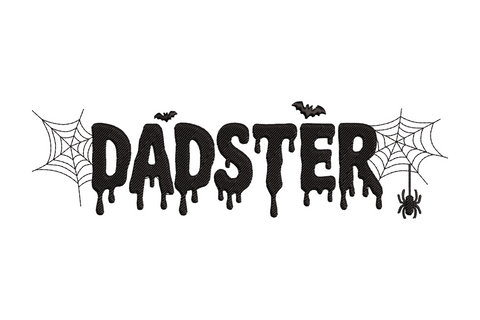 Dadster Halloween embroidery design, single bold display text word Dadster in one colour, extremely flat at 3.5 by 0.99 inches, clean satin fill, humorous novelty style.