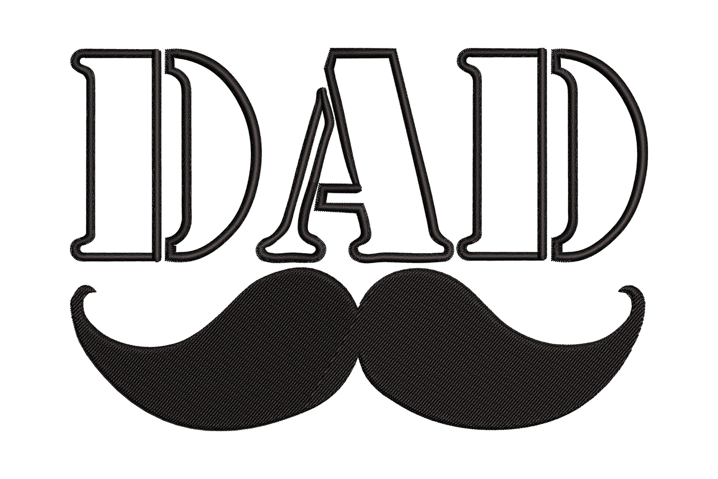 Dad with mustache embroidery design showing chunky block DAD letters with a bold handlebar mustache underneath, single black thread