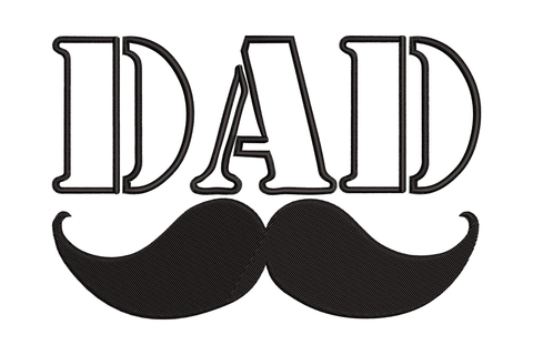 Dad with mustache embroidery design showing chunky block DAD letters with a bold handlebar mustache underneath, single black thread
