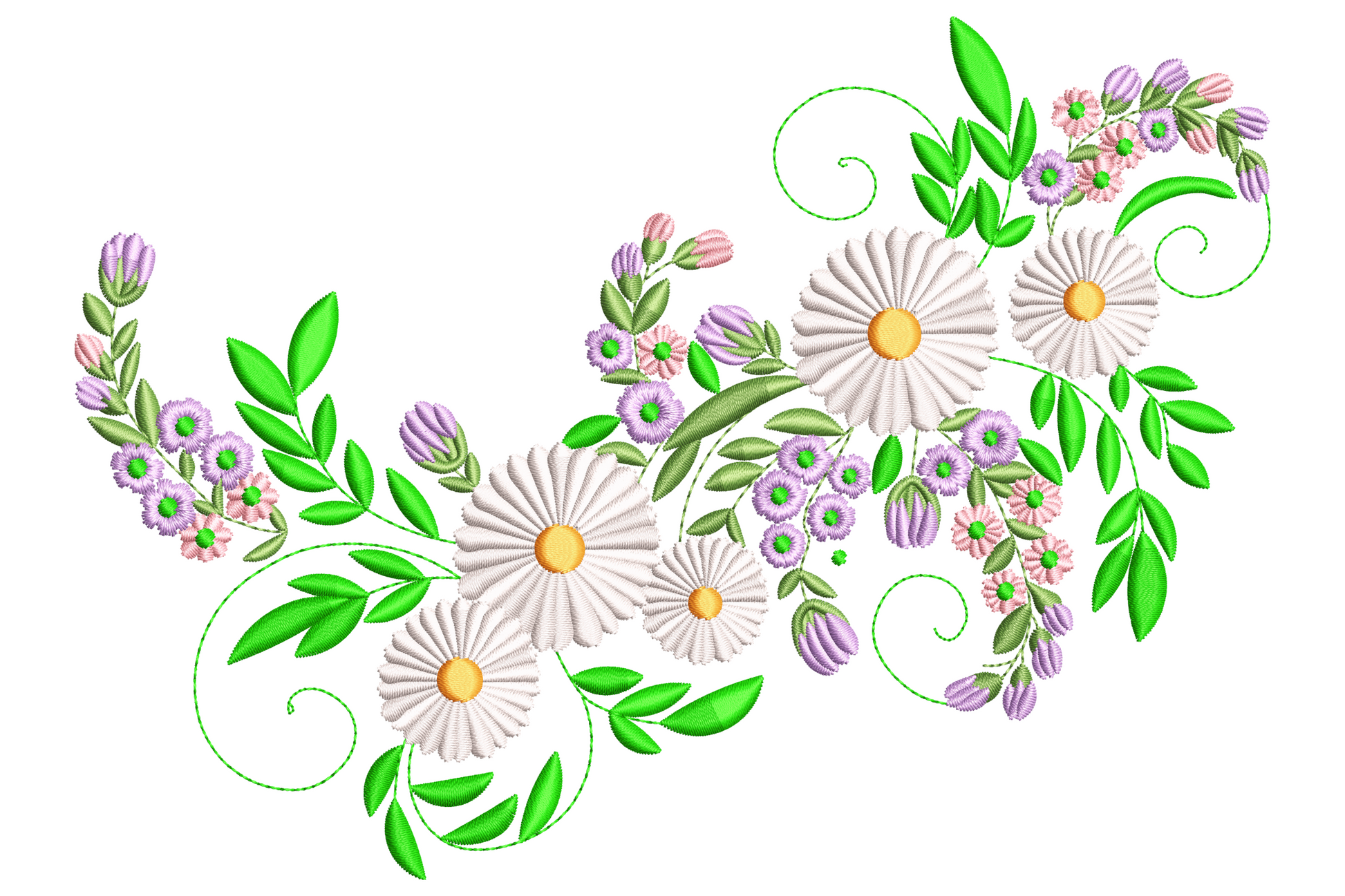 Swirling daisy cluster embroidery in 6 colours with botanical stems and leaves on cream linen fabric