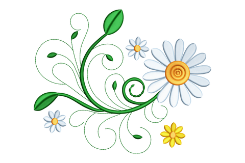 Decorative design with flowers and green leaves on a white background