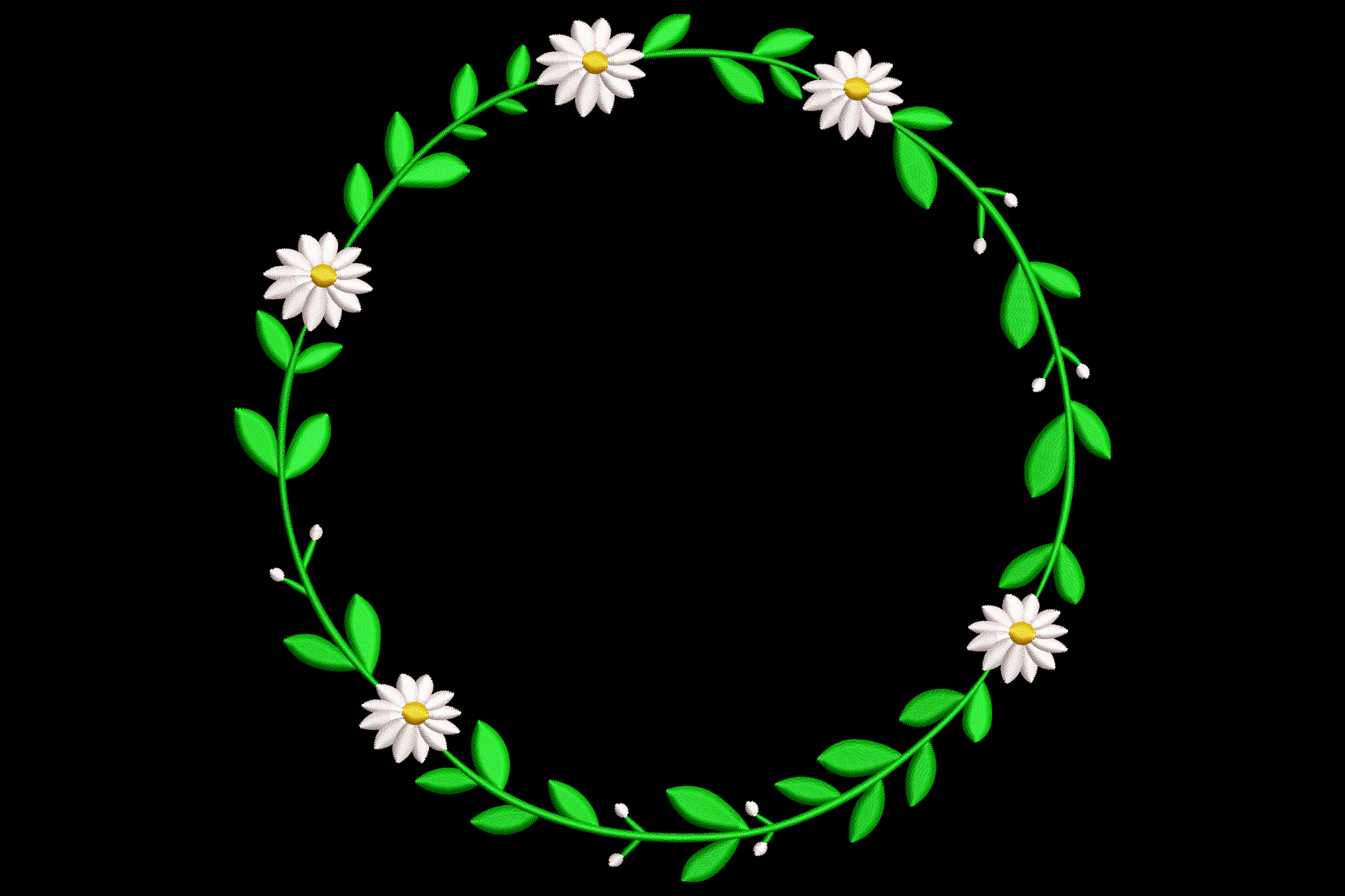 Daisy floral wreath embroidery, circular green vine with seven white daisies, yellow centres and dot accents.