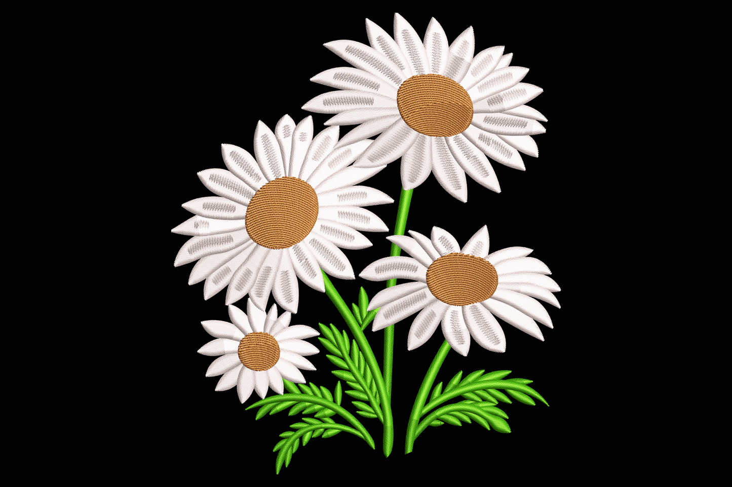Daisy flower bouquet embroidery design with three white daisies, brown center disks and bright green leaves on white.