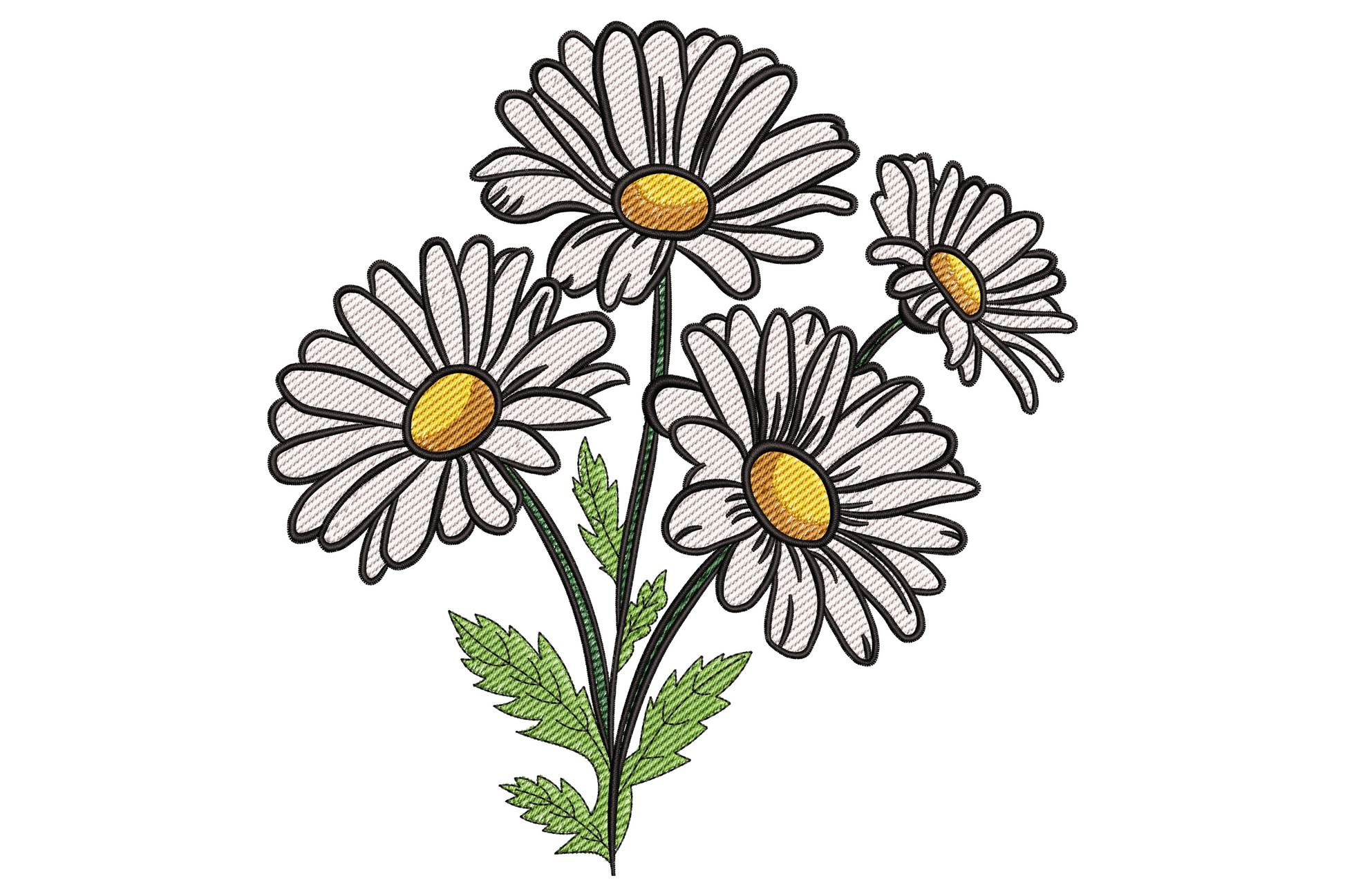 Daisy flower machine embroidery design, six colours, bold raised satin petals, amber-gold centre disc, short stem and leaves, 3.5 to 7.5 inch sizes.