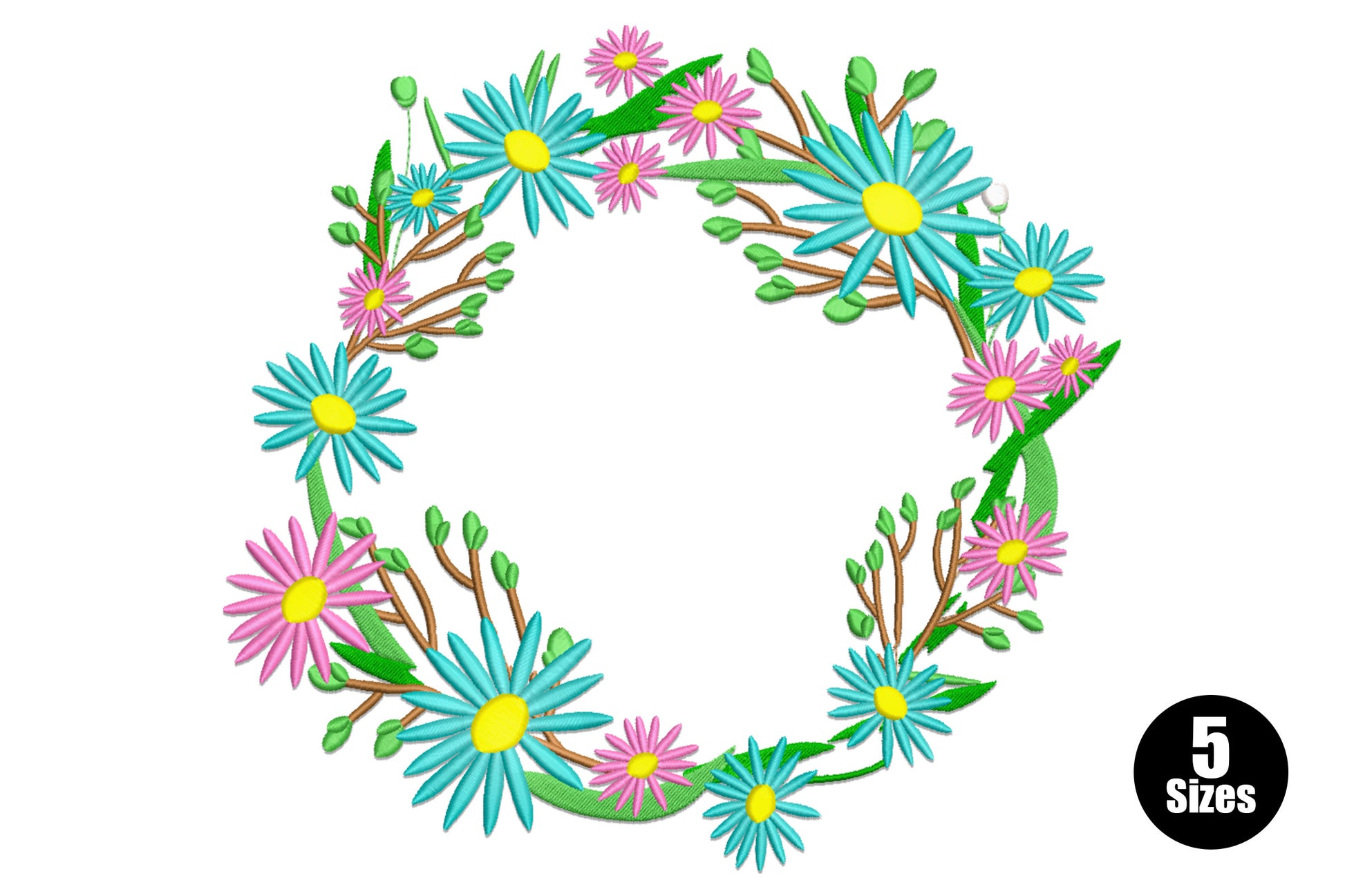 Daisy flower circle frame embroidery design with turquoise and pink daisies, yellow centres, brown branching stems and green leaf buds arranged in a wreath ring.