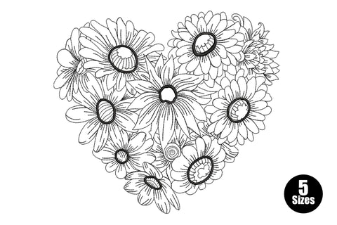 Daisy flower heart outline embroidery design with fine-line black daisy heads packed into a heart shape and a small spiral rosette at the base.