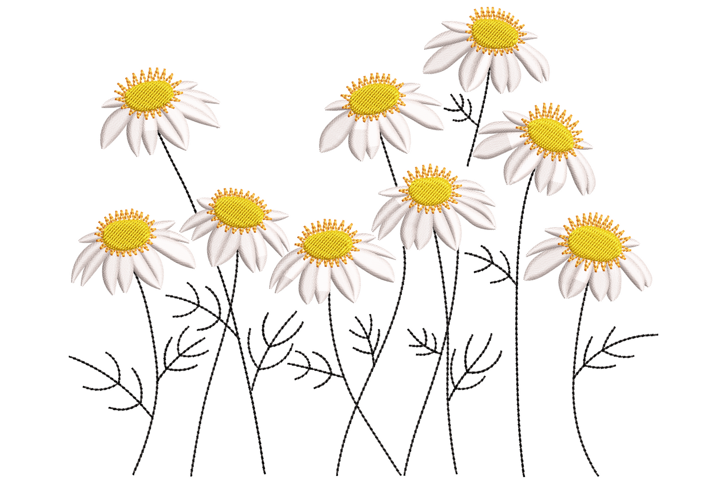 Daisy meadow embroidery, nine flowers with golden satin centres, white petals, thin black run-stitch stems and leaves.