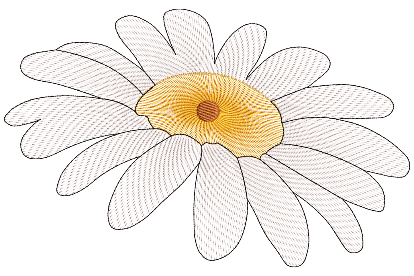 Daisy flower embroidery with white sketchy hatched petals around a golden yellow centre, three-quarter view single bloom
