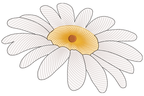Daisy flower embroidery with white sketchy hatched petals around a golden yellow centre, three-quarter view single bloom