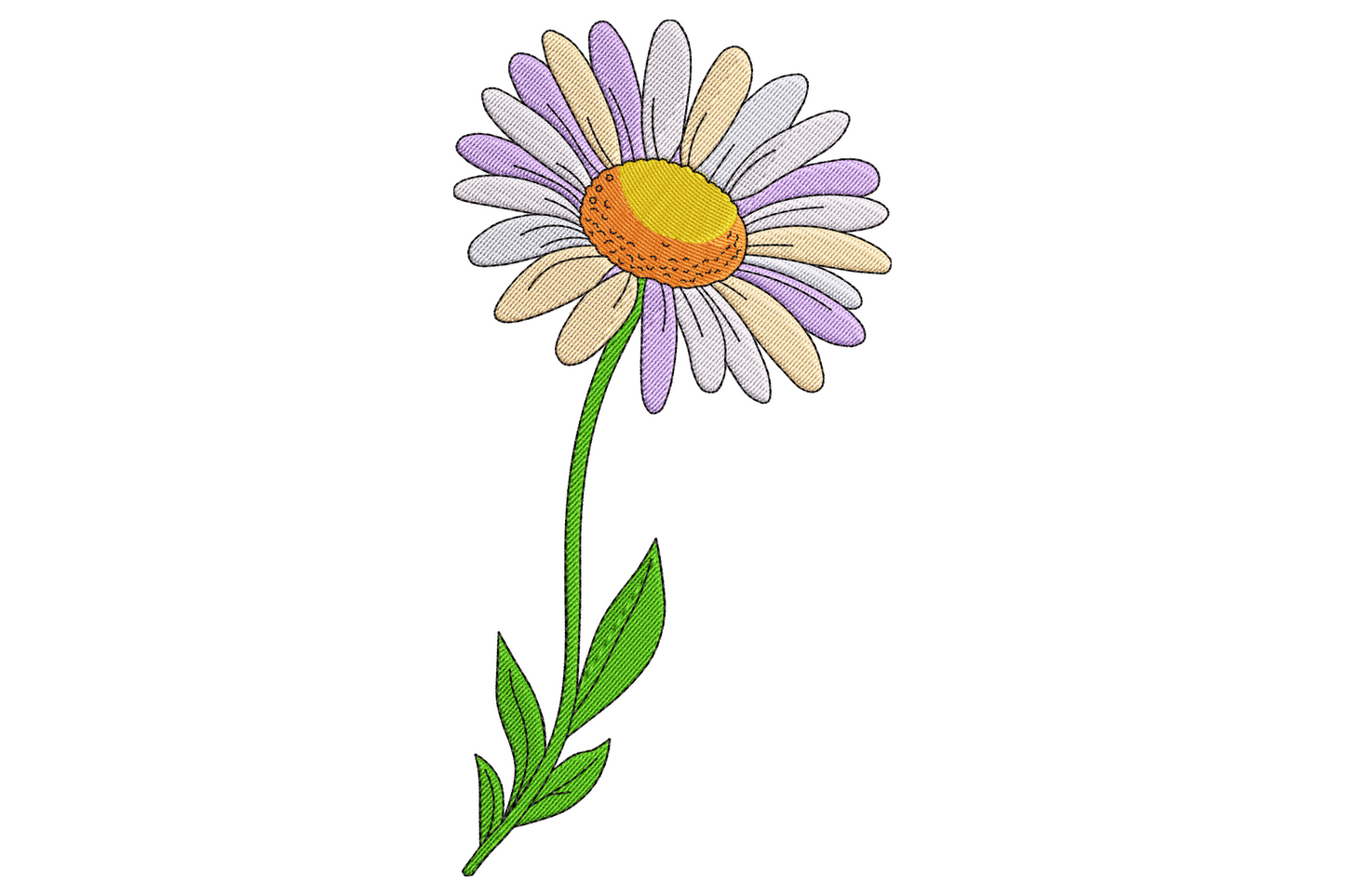 Single daisy flower machine embroidery design, eight colours, naturalistic bloom with tapered petals and domed golden amber centre, 3.5 to 7.5 inch sizes.