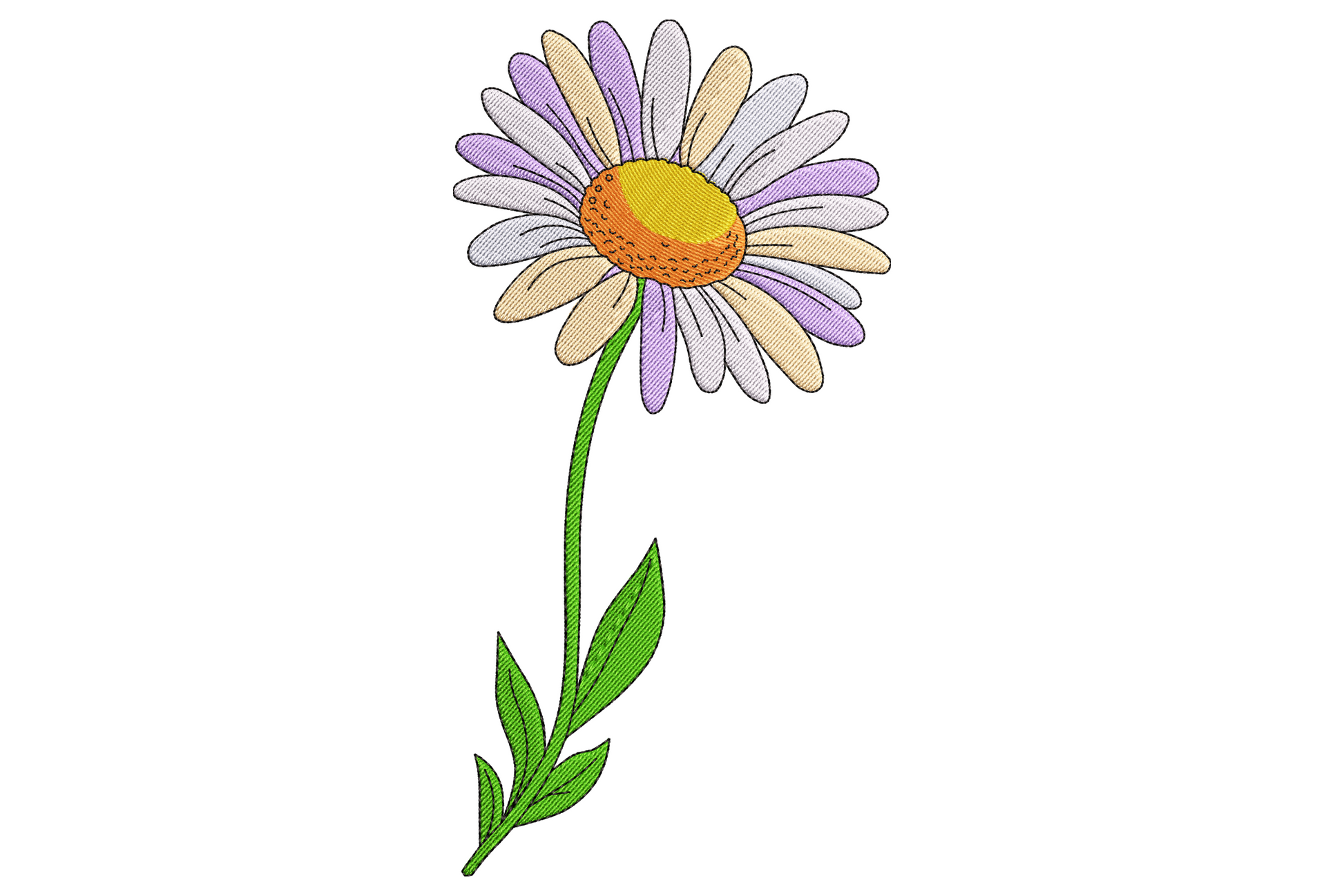 Single daisy flower machine embroidery design, eight colours, naturalistic bloom with tapered petals and domed golden amber centre, 3.5 to 7.5 inch sizes.