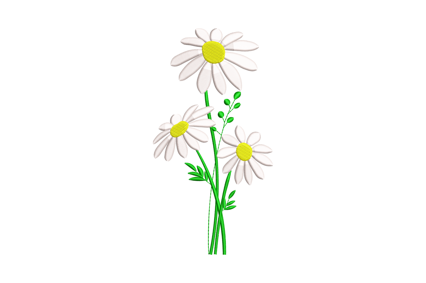 Three daisy stems embroidery design with white satin petals, yellow disc centres and vivid green leaves grouped into a loose bunch.
