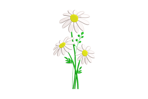 Three daisy stems embroidery design with white satin petals, yellow disc centres and vivid green leaves grouped into a loose bunch.