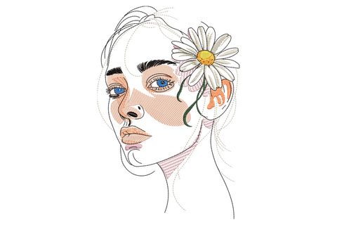 Daisy girl face embroidery design, line-art female portrait with large white daisy, 9 thread colors, fashion sketch style, white cotton.